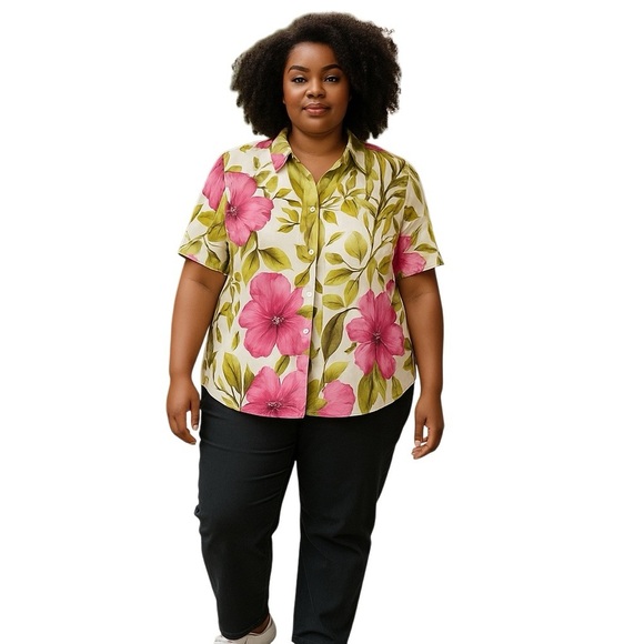 Jamaica Bay‎ Silk Blend Button Down Floral Short Sleeve Blouse, Medium - Picture 2 of 7